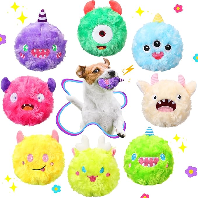 HyDren 8 Pack Soft Squeaky Dog Ball Toys 2 In1 Fuzzy 4" Dog Balls with Squeakers Plush Funny Puppy Ball Bulk Small Dog Valentine Toys Monster Dog Chewers for Small Medium Puppy Dog Pet (Cute)