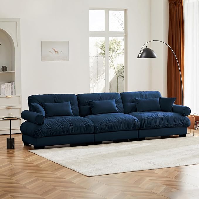 130" Oversized 3 Seater Modular Sectional Sofa, Blue Large Sectional Couch for Living Room, Velvet Cloud Couch with 5 Pillows, Deep Seat Sofa