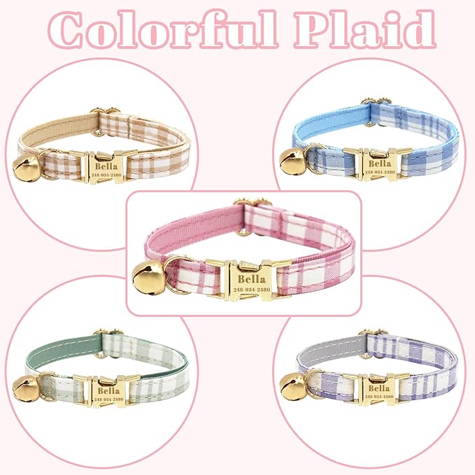 Personalized Cat Collar with Custom Name Plate, Customize Engraved Metal Buckle, Adjustable Cute Plaid Cat ID Tag Collars with Bell