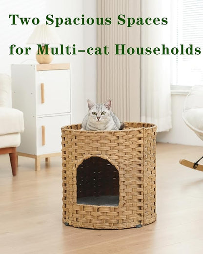 Cat House for Indoor Cat, Large Double Cat Houses Cat Bed Cave, Handwoven Rattan Pet Beds with One Soft Pad, 17 x 17 x 17 Inches Foldable Kitten Hideaway in Living Room Natural