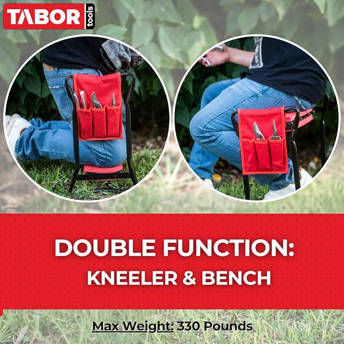 TABOR TOOLS TR2A Garden Kneeler and Seat Bench with Tool Bag Pouch and Foam Pad Cushion, Workseat with Kneeling Bench Option, Light Weight Foldable Stool, Portable Outdoor Kneeler for Gardening.