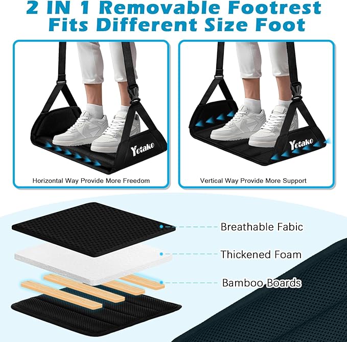 Yotako Airplane Foot Hammock-Removable Wide Bamboo Airplane Foot Rest with Extended Adjustment Strap, Desk Foot Hammock to Relax Your Feet Foot Sling Travel Essentials with Storage Pouch, Black