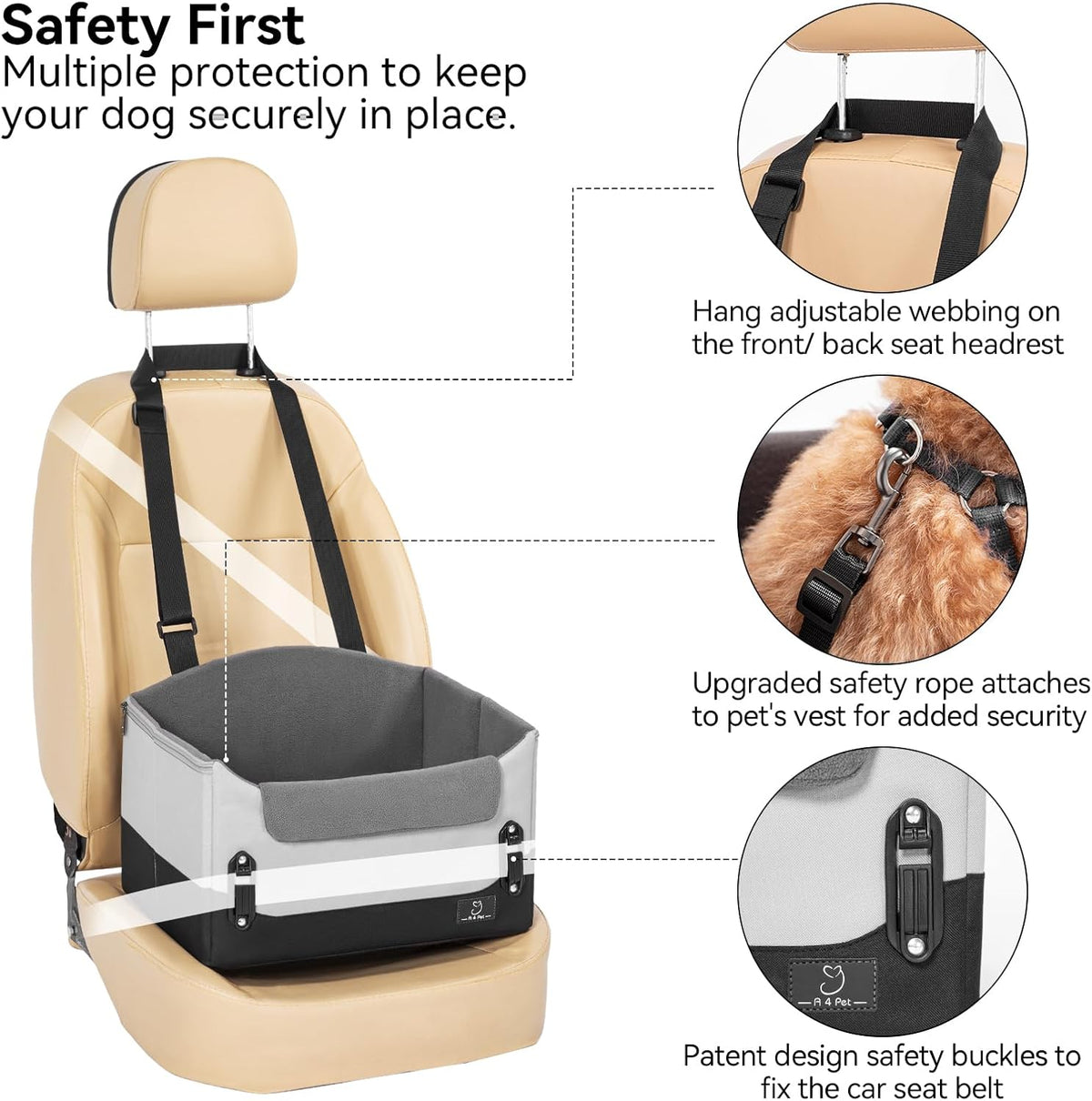 A4Pet Dog Car Seats for Small Dogs, Booster Car Seat with Patent Buckles & Clip-On Safety Leash, Pet Seat for Puppy Small Dogs Cats Under 25 Lbs, Grey