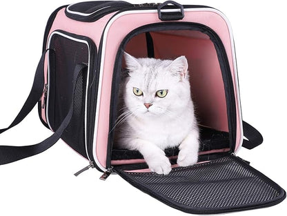 petisfam Soft Pet Carrier for Medium Cats and Small Dogs with Cozy Bed, 3 Doors, Top Entrance | Airline Approved, Escape-Proof, Breathable, Leak-Proof, Easy Storage (Pink)
