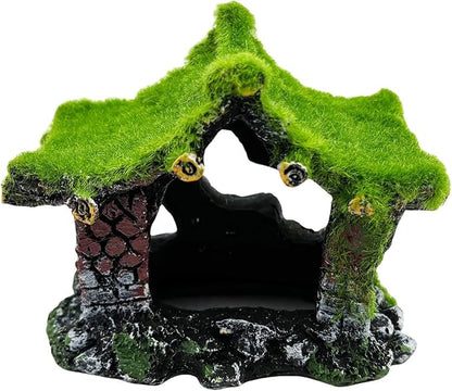 Tfwadmx Aquarium Decoration House Resin Hollow Hideout House,Small Betta Fish Hide Accessories Cave Ornament Tank Small Fish Shrimp Hideaway with Moss