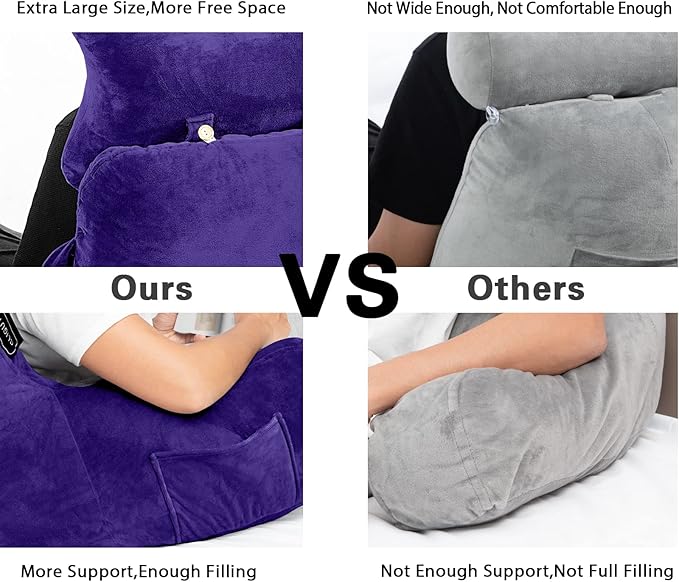 Reading Pillow-Extra Large 31" Bed Rest Pillow with Detachable Neck Roll & Arms for Sitting in Bed or Couch-Backrest Reading Pillow Adult Back Pillows for Reading/Watching TV/Gaming/Relaxing,Purple