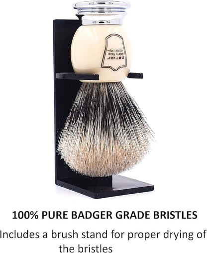 Parker Pure Badger Shaving Brush, Faux Ivory & Chrome, 22mm Knot | Rich Lather, Handcrafted Tool, Cream or Soap, Classic Wet Shaving, Iconic Brand. Includes Stand