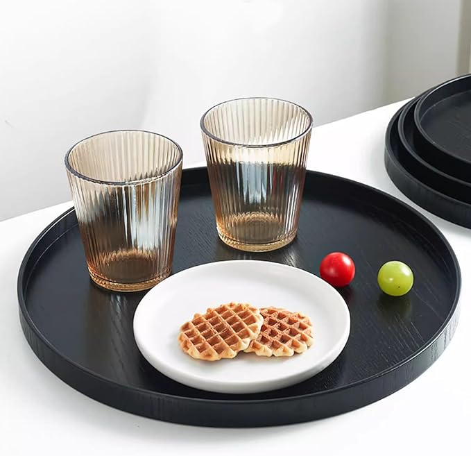 Round Wood Serving Tray, Solid Wooden Decorative Tray Non-Slip Tea Coffee Table Tray Snack Plate Food Meals Serving Tray with Raised Edges for Home Decor Kitchen Restaurant(10.6inch, Black)