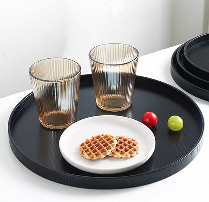 Round Wood Serving Tray, Solid Wooden Decorative Tray Non-Slip Tea Coffee Table Tray Snack Plate Food Meals Serving Tray with Raised Edges for Home Decor Kitchen Restaurant(10.6inch, Black)