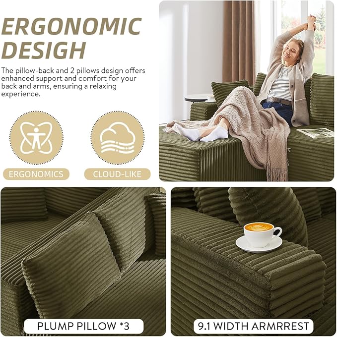 104 Inch Cloud Sectional Couch with L-Shape Chaise,Modern Upholstered Couches with Deep Seat,Corduroy Sponge Compressed Sofa for Living Room,No Assembly Required (Green)