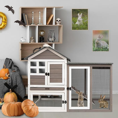 Gowoodhut 48" L Rabbit Hutch Indoor Outdoor Rabbit Cage with Run, Pull Out Tray, Asphalt Roof Large 2 Story Bunny Hutch Wooden Chicken Coop Guinea Pigs Pet House Cage for Small Animals(Grey)