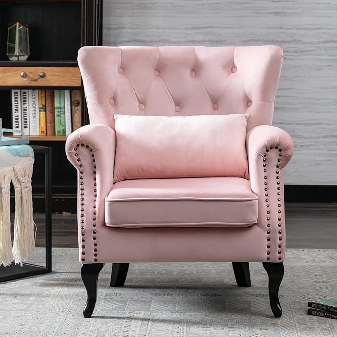 chairus Mid-Century Modern Accent Chairs Set of 2, Comfy Tufted Single Sofa Chair Wingback Armchair with Pillow for Club, Living Room, Bedroom - Velvet, Pink