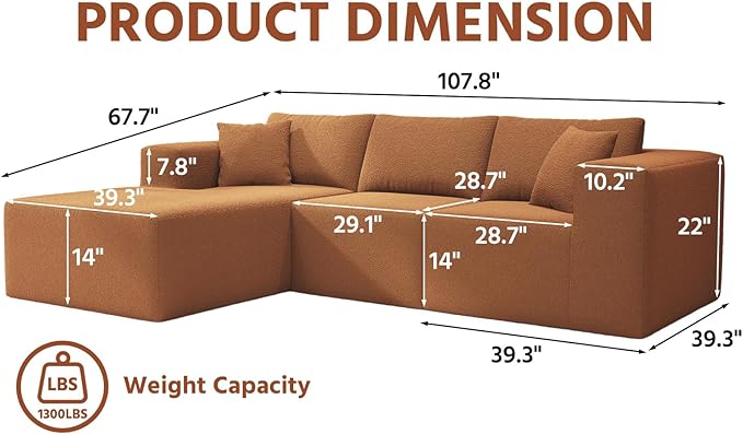108" Cloud Sectional Couch with L-Shape Chaise,4 Seat Modern Modular Sofa with Deep Seat,Upholstered Couches for Living Room Bedroom, Boneless Couch