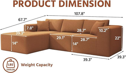 108" Cloud Sectional Couch with L-Shape Chaise,4 Seat Modern Modular Sofa with Deep Seat,Upholstered Couches for Living Room Bedroom, Boneless Couch