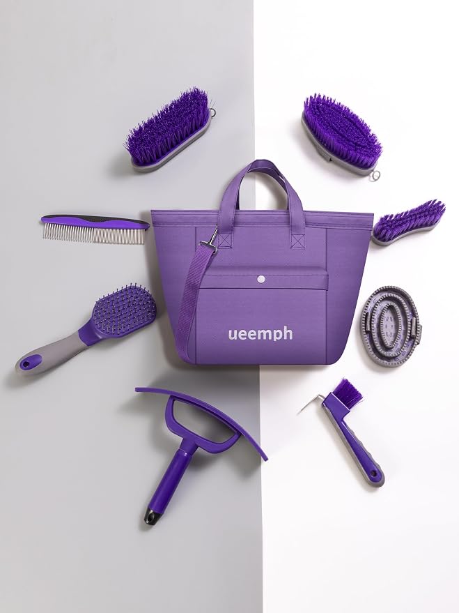 Horse Grooming Kit (12-Piece): Brushes, Storage Bag, Sweat Scraper, Mane Comb, Grooming Gloves - Purple Horse Gifts for Girls