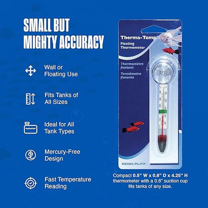 Penn-Plax Therma-Temp Floating Aquarium Thermometer - Easy to Read - Temperature Gauge with Optional Suction Cup & Removable Mount - Safe for Freshwater & Saltwater Tanks - Multicolor, 4.25 Inches