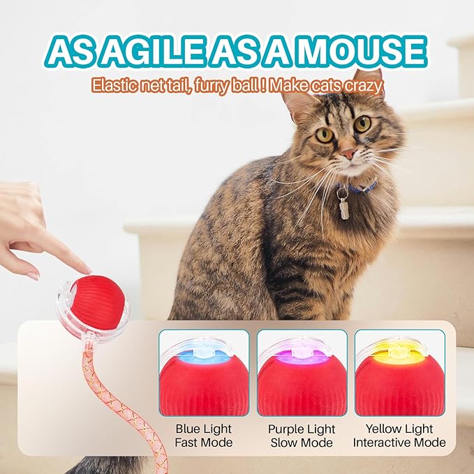 Interactive cat Toy cat Toys for Indoor Cats Agile Moving Cat Ball with Elastic Mesh Tail Automatic Kitten Toys Motion Activated Ball (Red)