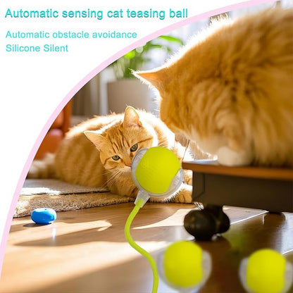 Interactive Cat Dog Toy Ball: Indoor Small Automatic Moving Smart Rolling Fun Pet Game with Led Light and String Tail for Motion Activated, Cute Kitten Puppy Present, Exercise Wheel Supplies (Yellow)