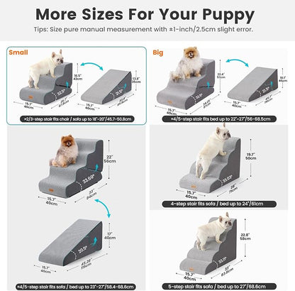 Gardner Pet Dog Stairs for Small Dogs 16.5" H, 2 in 1 Transformable 3-Step Pet Stairs and Dog Ramp for Couch (13-20 in), Grey Adjustable Pet Steps with Zipper