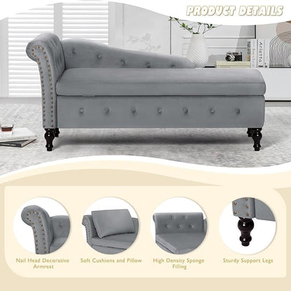ACMEASE Upholstered Chaise Lounge with Left Armrest & Lumbar Pillow,Button Tufted Lounge Sofa with Storage,Lounge Chair Indoor,Modern Velvet Lounge Chair for Bedroom, Living Room and Office,Grey