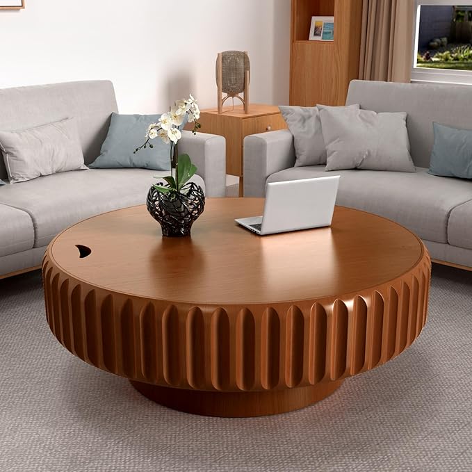 Round Coffee Table with Storage for Living Room, Handcraft Fluted Drum Coffee Table Modern Circle Wooden Coffee Table Cocktail Table for Home Office Apartment (Brown 39.37")