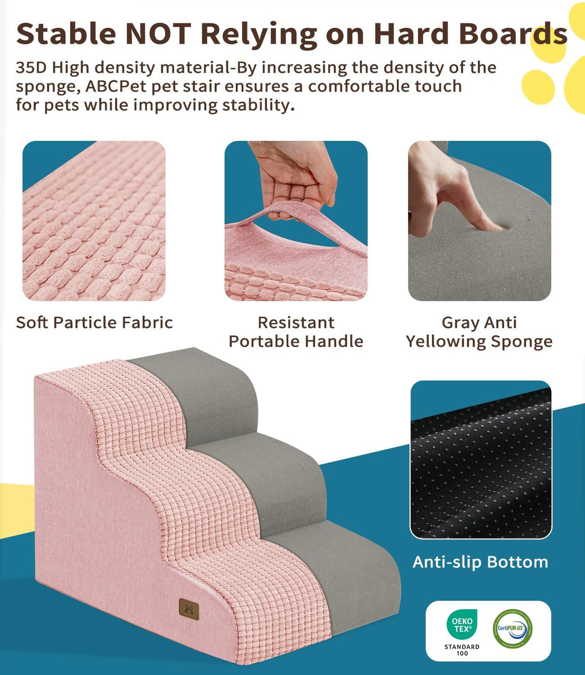 Dog Step for Bed, Dog Stair 3-Step 35D Pet Stair 15.7" H for High Bed or Sofa Non-Slip Balanced Pet Step Indoor, Pink