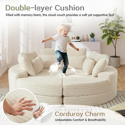 Antetek Chaise Lounge Chair Indoor, Convertible Folding Futon Sofa Bed w/ 5 Pillows, Fluffy Corduroy Boneless Compressed Memory Foam Couch for Living Room, Bedroom (Beige, Left Half)