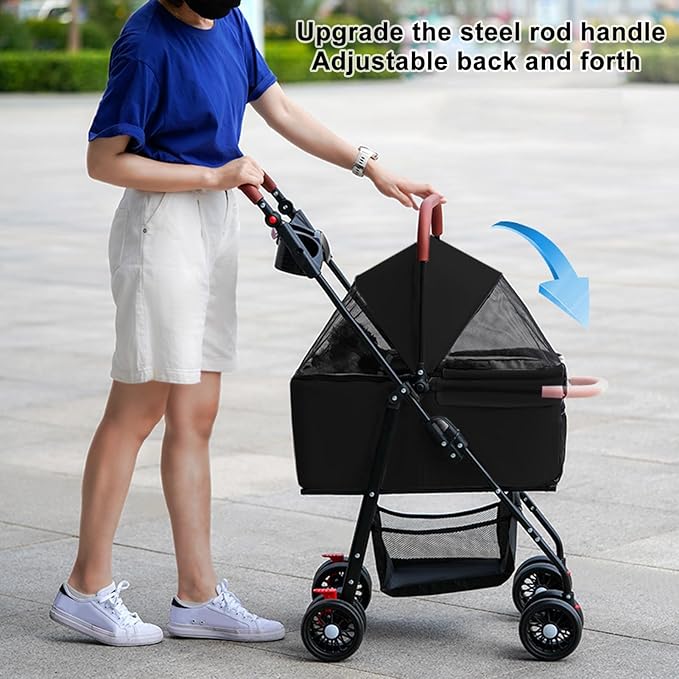 Pet Stroller Pram Dog Carrier Trailer 4 Wheels Foldable Dog with Storage Basket,Holds up to 44 lbs,Adjustable Handle,Folding Travel Stroller Suitable for Traveling with Cats and Dogs (Black)