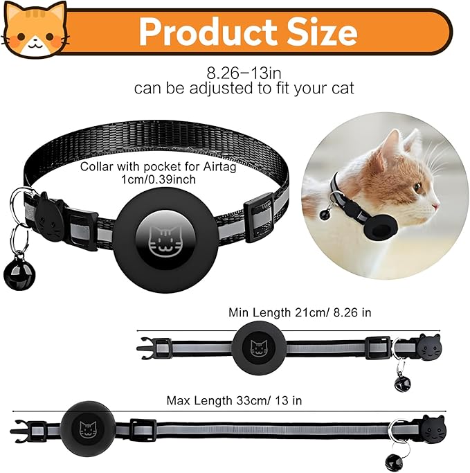 2 Pack Airtag Cat Collar with Bell, Reflective Nylon Kitten Collar with Apple Air Tag Holder and Breakaway Safety Buckle for Puppy Girl Boy Cats, 3/8" in Width and Lightweight, Black/Orange