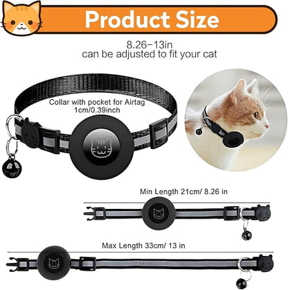 2 Pack Airtag Cat Collar with Bell, Reflective Nylon Kitten Collar with Apple Air Tag Holder and Breakaway Safety Buckle for Puppy Girl Boy Cats, 3/8" in Width and Lightweight, Black/Orange