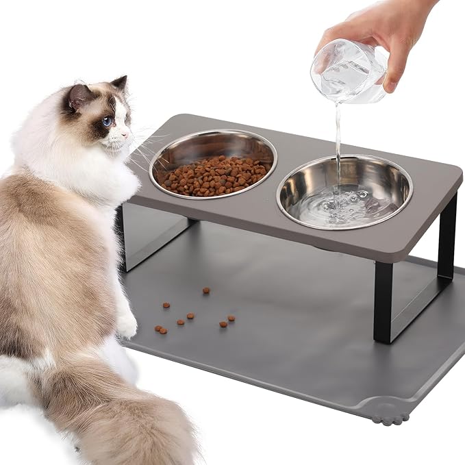Upgraded Elevated Cat Bowls with Food Mat,15°Tilted Stand Anti Vomiting Raised Cat Dishes for Food and Water,2 Stainless Steel Bowls for Cats and Puppy（Gray）