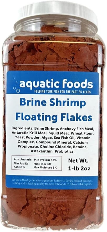 Aquatic Foods Inc. Brine Shrimp Flakes for Freshwater Cichlids, Angels, Live Bearers, Tetras, Guppies, Marine Tangs, Butterflies, Angelfish, Anthias, Clown Fish...WL 1-lb 2oz Lg Jar