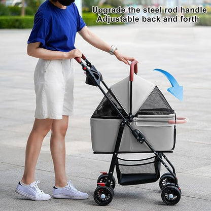 Pet Stroller Pram Dog Carrier Trailer 4 Wheels Foldable Dog with Storage Basket,Holds up to 44 lbs,Adjustable Handle,Folding Travel Stroller Suitable for Traveling with Cats and Dogs (Grey)