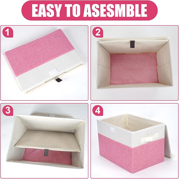 Large 22 Quart Linen Fabric Foldable Storage Bin Cube Organizer Basket with Flip-Top Lid & Handles, Clothes Blanket Box for Home, Office, Closet, Pink & White, 4 Pack 14.6 x 9.5 x 9.5