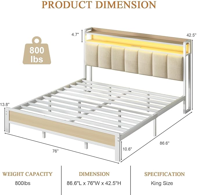 King Size Bed Frame with Storage Headboard, Metal Platform Bed Frame King Size with LED Lights and Charging Station, Heavy Duty Metal Slats, No Box Spring Needed, Easy Assembly, Beige