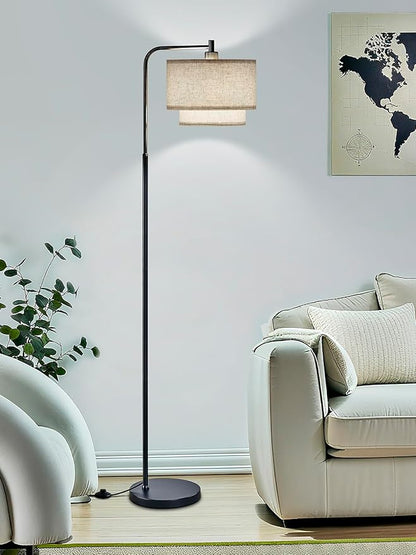 64" Modern Floor Lamp for Living Room Bedroom, Arc Floor Lamp with 3 Color Temperatures, Standing Lamp with Double Oatmeal Linen Lampshade, Tall Lamp with A19 12W LED Bulb, Foot Switch Control, Black