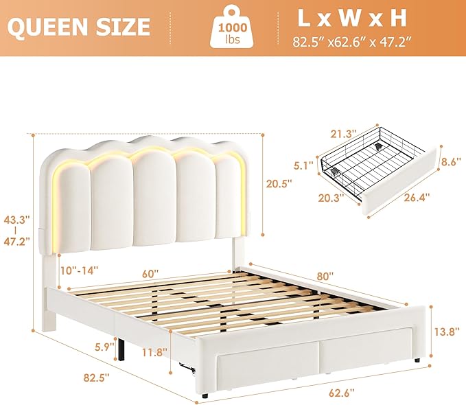 Queen Upholstered LED Bed Frame with 2 Storage Drawers and Adjustable Chic Double Wavy Headboard, Velvet Princess Platform Bed with Charing Station, Solid Wood Slats Support,No Box Spring Needed,Beige