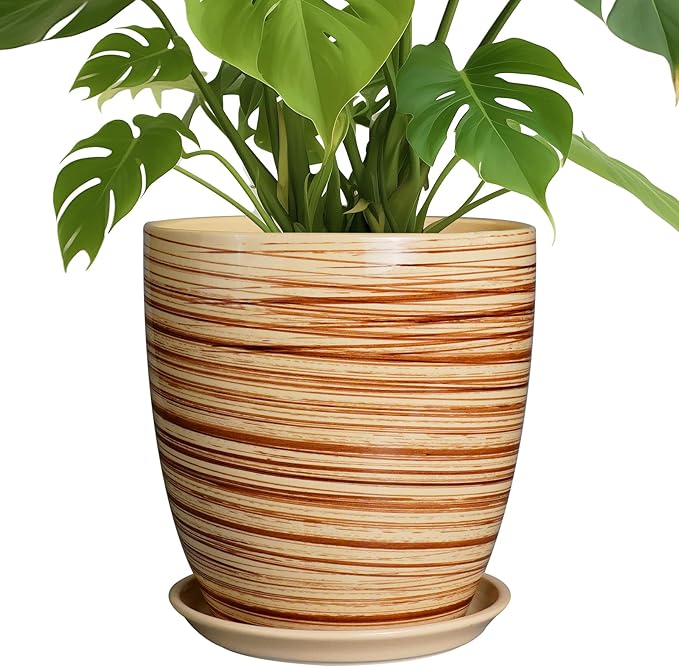 10 Inch Plant Pot Ceramic Pots for Plants with Drainage Hole and Saucer Round Flower Pot for Home Patio Garden Office Yellow
