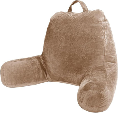 Sasttie Reading Pillow, Velvet Back Pillow for Bed Sitting Up, Adult Back-Rest Support Cushion with Arms for Sit Up on Couch, Sofa, and Floor, Dorm Essentials, Reading Accessories, Light Brown