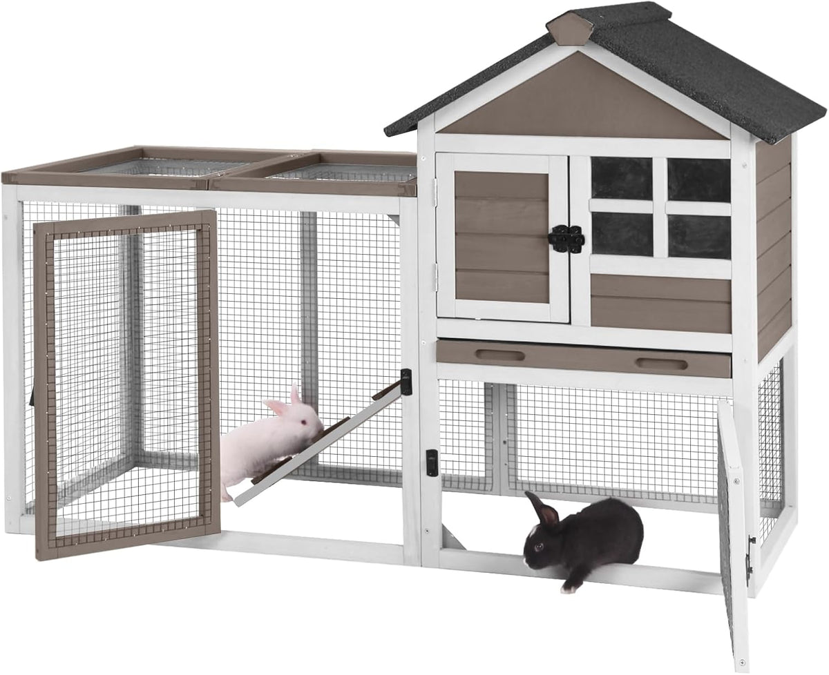 GUTINNEEN Rabbit Hutch Indoor Chicken Coop Outdoor, 51.6''L 2 Story Bunny Cage Weatherproof, Guinea Pig House with Run (Brown)