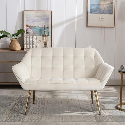 QUINJAY 48" Small Loveseat for Small Spaces, Modern Sherpa Mini Sofa Couch 2-Seater Velvet Love Seat with Quilting Back and Gold Legs for Living Room/Bedroom, Cream