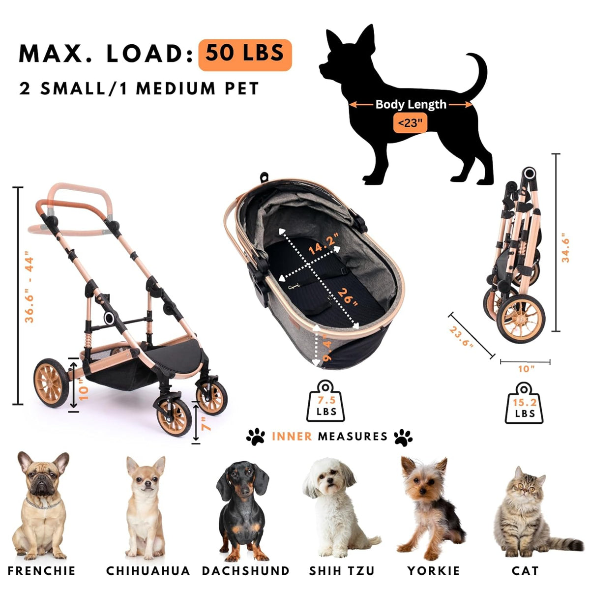 Pet Stroller with 4 Wheels, Foldable Pet Travel Carrier for Small/Medium Dogs Cats up to 50lbs, Detachble Portable Pet Bag, Storage Basket, Car Seat 3 in 1 Multifunctional (Grey)