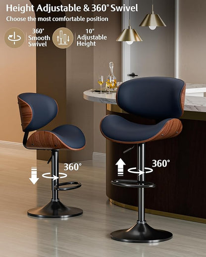 Aowos Bar Stools, Adjustable Swivel Leather Bar Stools for Kitchen Island, Mid Century Modern Counter Height Bar Chairs Barstools with Back & Footrest (Blue 1PCS)