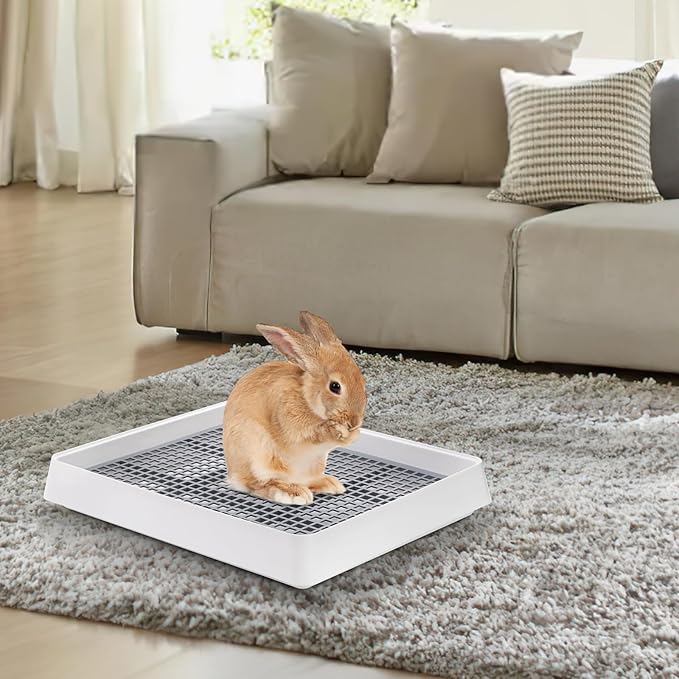 WUWEOT 2 Pack Large Rabbit Litter Box, Shallow Bunny Restroom Litter Tray, Small Animals Litter Pan Toilet Potty Trainer with Grate for Rabbit Hamster Ferret Rats Guinea Pigs Hedgehog Chinchillas