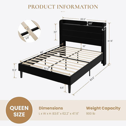 SHA CERLIN Queen Bed Frame with Charging Station, Velvet Upholstered Platform Bed, Wingback Storage Headboard, Type-C & USB Ports, Strong Wooden Slats, No Box Spring Needed, Easy Assembly, Black
