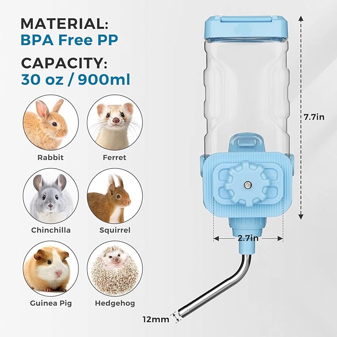 Vannon Small Animal Water Dispenser for Cage, 30oz Auto Feeding Crate Water Bottle for Rabbit, Chinchilla, Ferret, Guinea Pig, Squirrel, Hedgehog, Pet Nozzle Diameter: 10mm, BPA Free, Blue