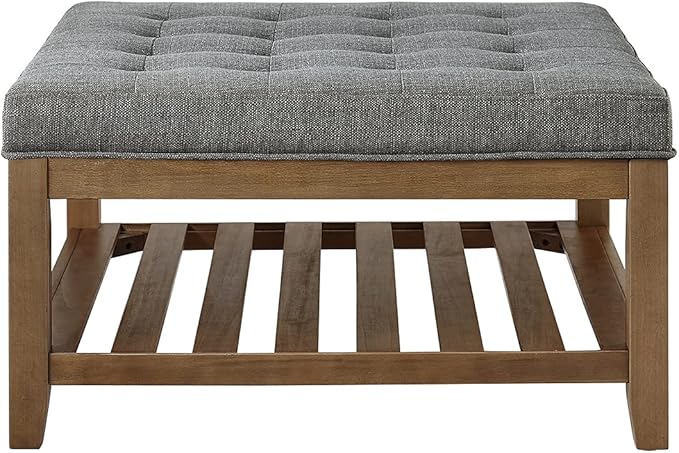 24KF Large Square Upholstered Tufted Linen Ottoman Coffee Table, Large Footrest Ottoman with Solid Wood Shelf-Granite