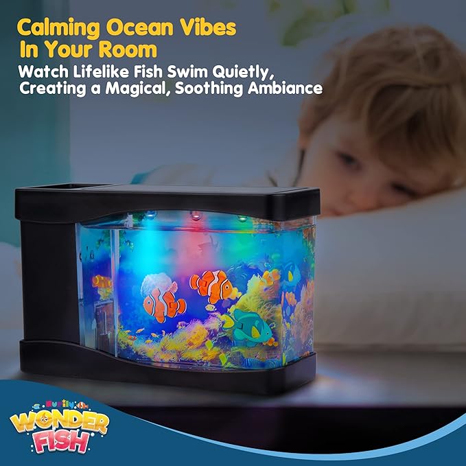 Artificial Fish Tank Virtual Ocean Toy in Motion Lamp - Mini Office Desk Aquarium 3 Colorful LED Lights, Moving Bubbles, Gift for Kids and Adults