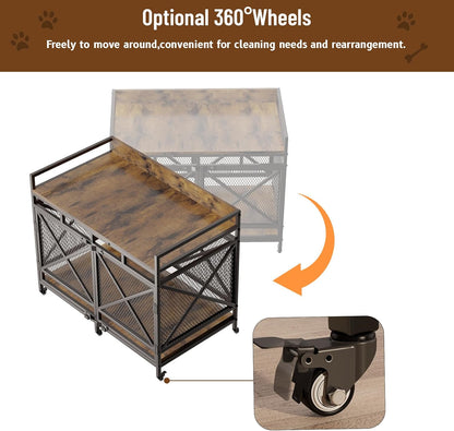 COZPAW Large Dog Crate Furniture, 48 Inch Wooden Dog Kennel for XLarge Dogs, Heavy Duty Dogs Furniture Indoor Wire Dog Cage with Caster Wheels, Decorative Pet House End Table, Brown
