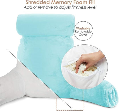 Nestl Reading Pillow with Shredded Memory Foam Includes 2 Neck and Lumber Support Pillows, Designed for Sitting Up in Bed and Couch, Back and Arms Adjustable Support for Adult & Teens, Light Blue